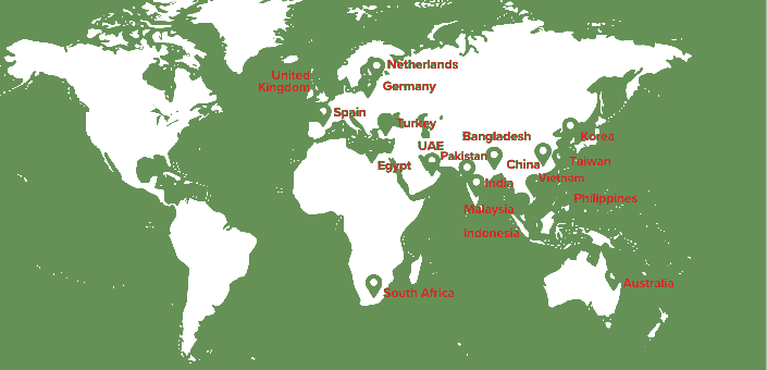 World map showing PT Naval Group's markets served with green landmasses, white ocean, and red location pins: United Kingdom, Netherlands, Germany, Spain, Turkey, Egypt, UAE, Pakistan, Bangladesh, India, China, Korea, Taiwan, Vietnam, Malaysia, Indonesia, Philippines, South Africa, Australia